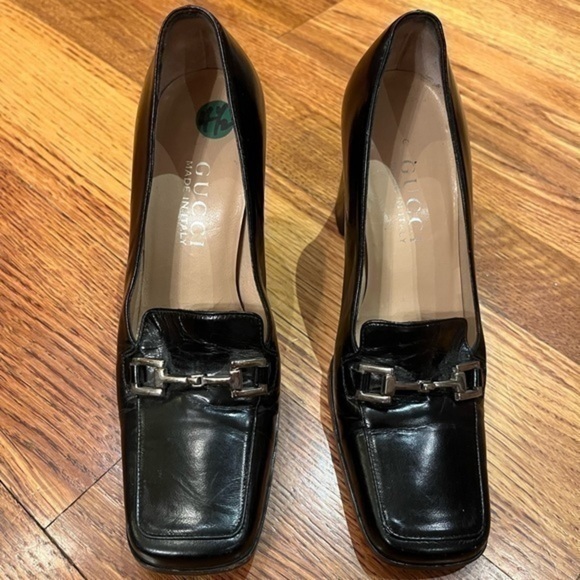 Gucci Heeled Loafers Black and Gold Size 4.5 B Desginer - Picture 3 of 8